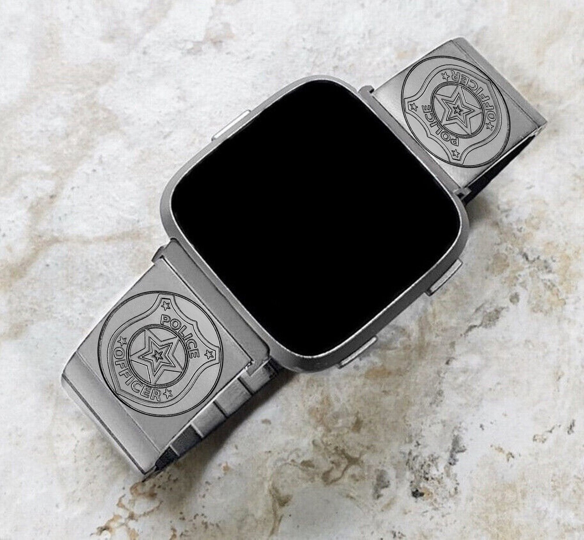 Police Badge Engraved Watch Band Compatible with Fitbit Versa Lite 2 3 4 and Sense 1 2 Smartwatch Silver Stainless Steel Bracelet Strap PB4